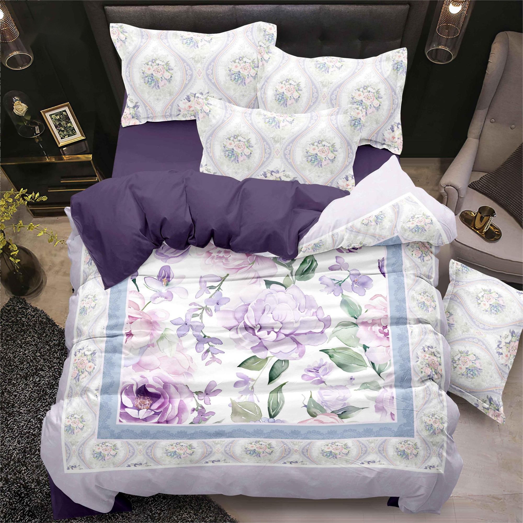 Set Lembaran Katil Cetak Digital Floral Ungu