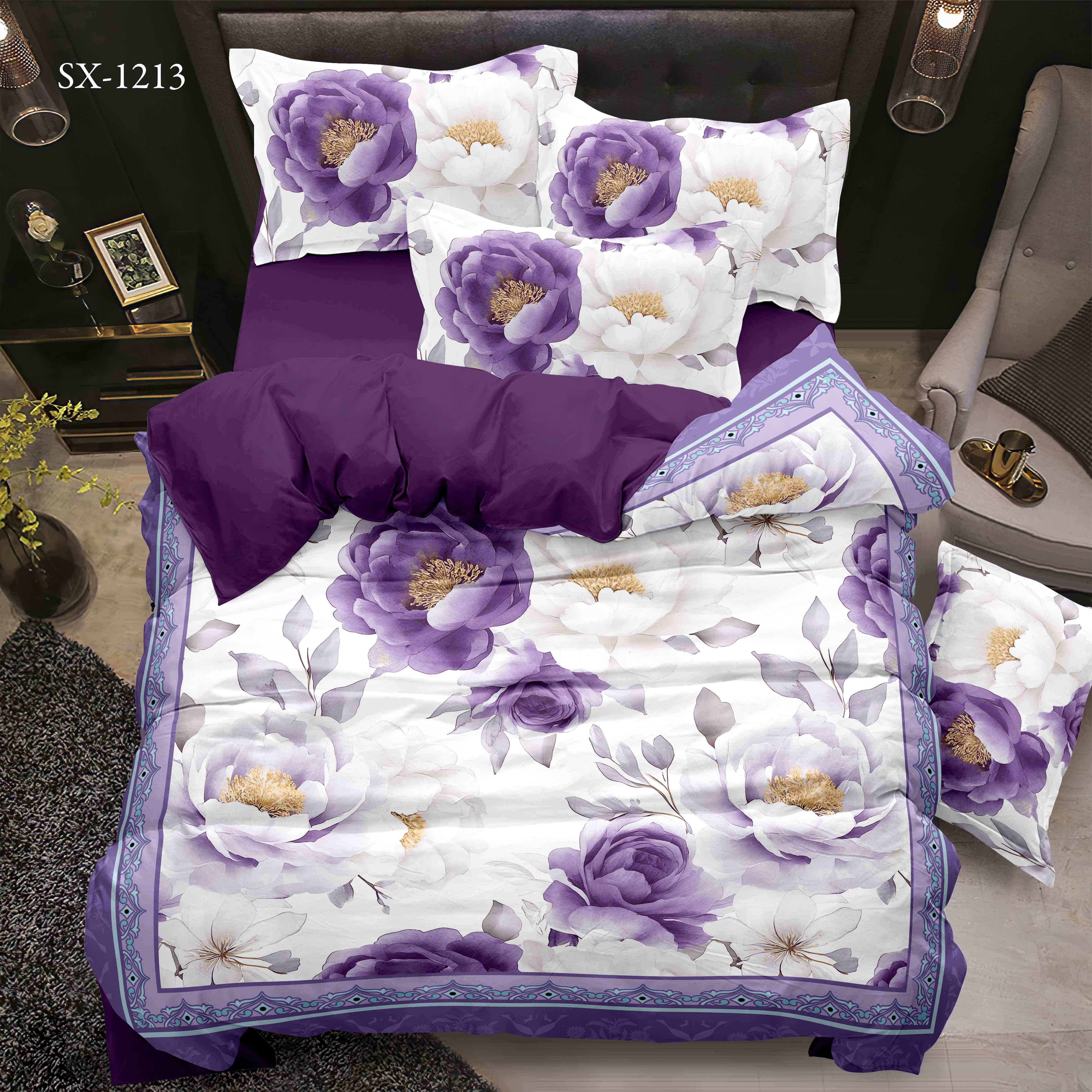 Lembaran Tempat Tidur Bercetak Digital 5d Floral dengan Peony Purple dan Reka Bentuk Sempadan Hiasan