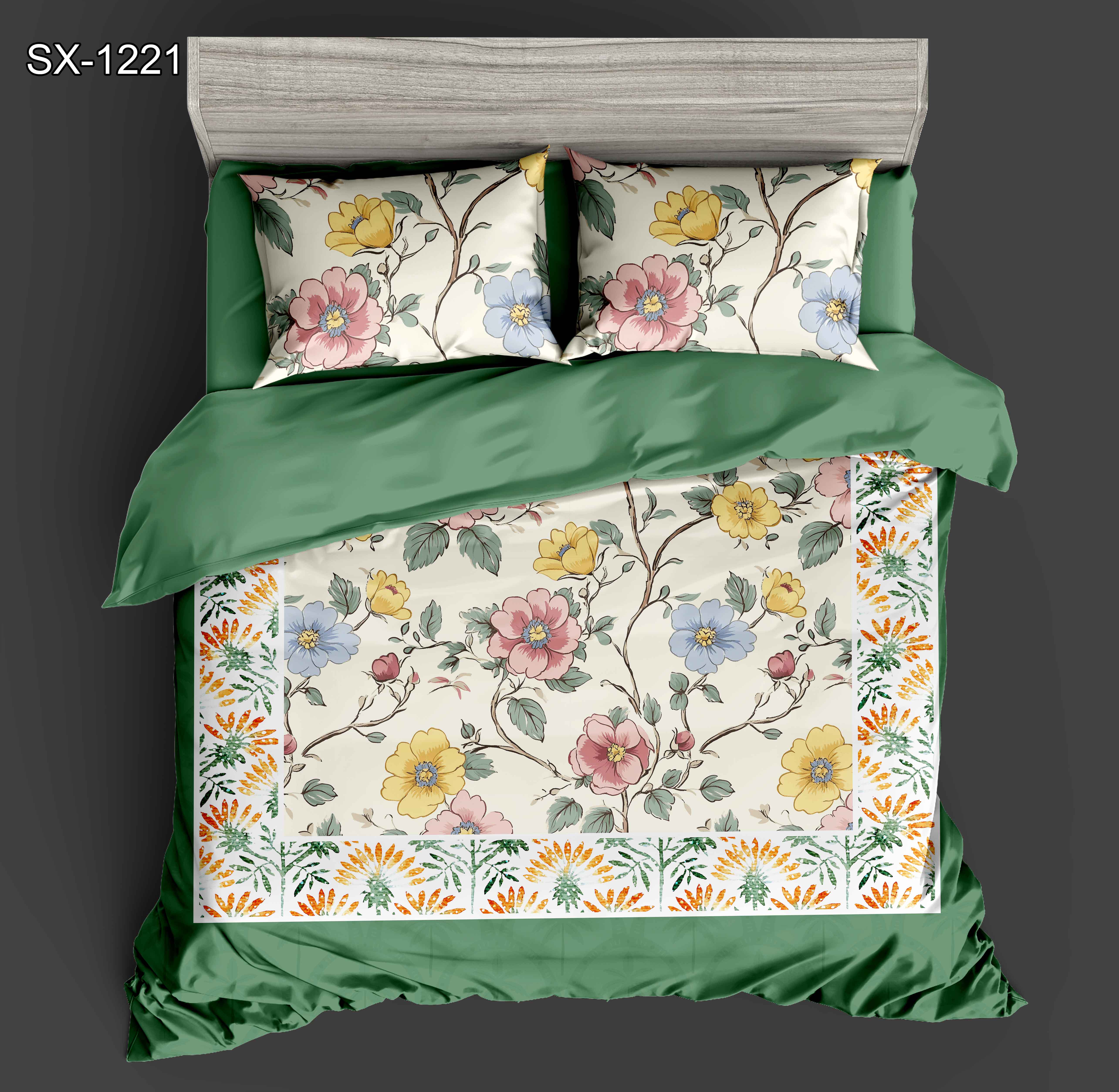 Lembaran Tempat Tidur Bercetak Digital 5d Bunga dengan Multicolor Blossom dan Reka Bentuk Sempadan Botanikal