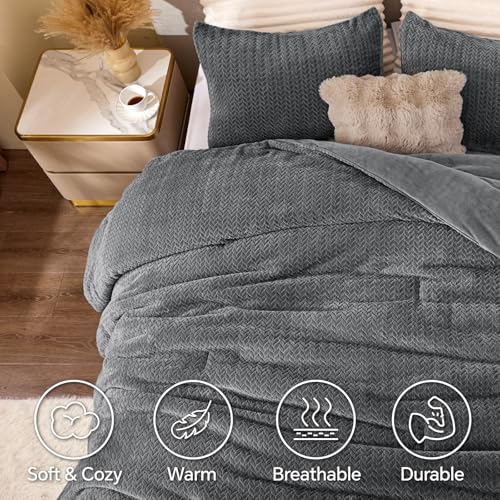 Set Selimut Flanel & Baldu Berkait Boleh Balik – Set Peralatan Tempat Tidur Tekstur Daun 3D 3 Keping