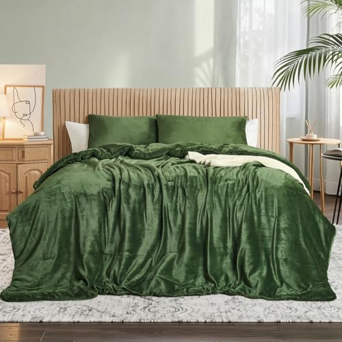 Set Selimut Baldu Hijau Hutan – Set Peralatan Tempat Tidur 3 Keping Berkuilt Ultra Lembut