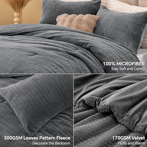 Set Selimut Flanel & Baldu Berkait Boleh Balik – Set Peralatan Tempat Tidur Tekstur Daun 3D 3 Keping