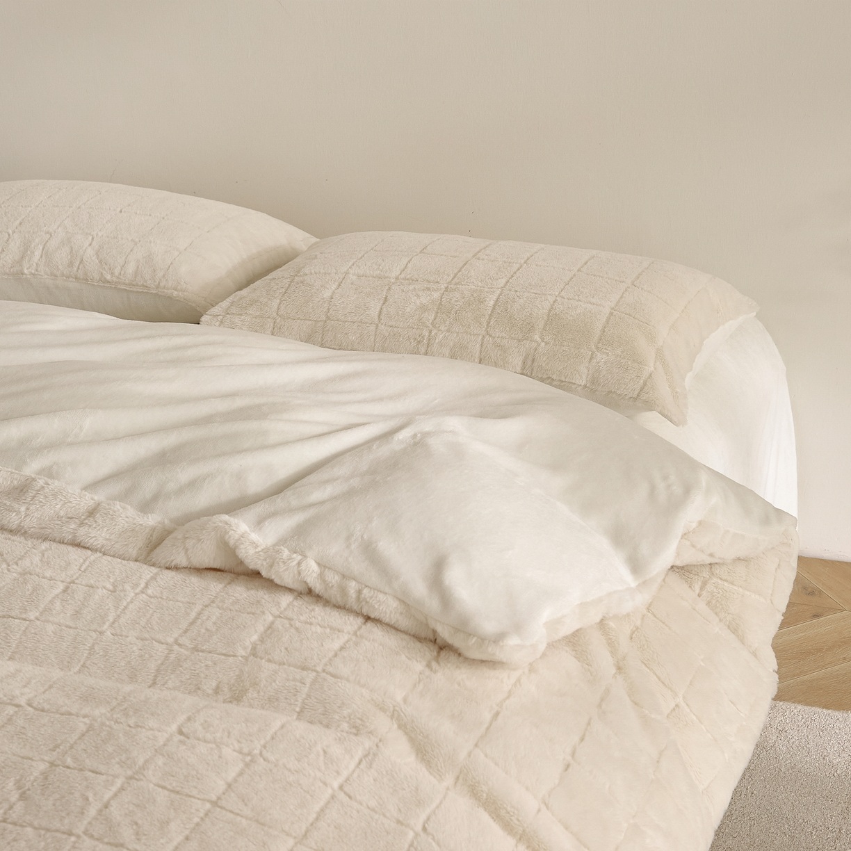 Set Selimut Bulu Arnab Tiruan & Baldu Susu – Set Tempat Tidur Jacquard Lembut 3 Keping