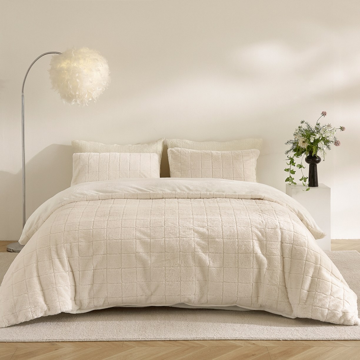 Set Selimut Bulu Arnab Tiruan & Baldu Susu – Set Tempat Tidur Jacquard Lembut 3 Keping